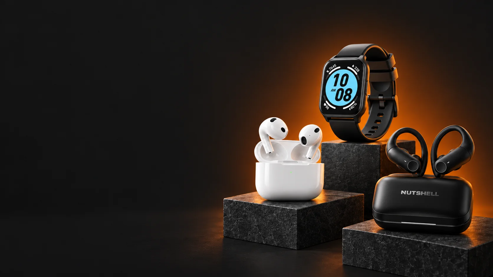 Auriculares APPLE, un reloj inteligente TRANYA y auriculares con gancho NUTSHELL sobre pedestales de color carbón